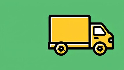 A simple, flat design illustration of a yellow delivery truck with a black outline on a green background - Powered by Adobe