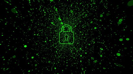 Glowing green digital padlock with cyber particles and futuristic tunnel representing secure data and online protection - Powered by Adobe
