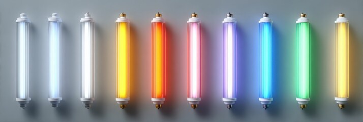 Colorful fluorescent tubes in a row on gray background display bright spectrum