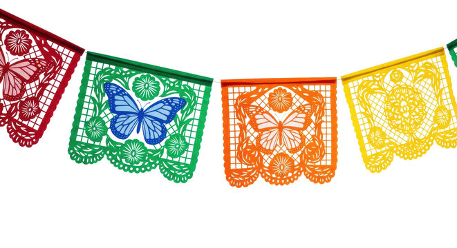 photorealistic macro of traditional mexican papel picado banners with monarch butterfly and cempas&uacute;chil cutouts in vibrant colors, isolated on pure white. concept of cultural reverence