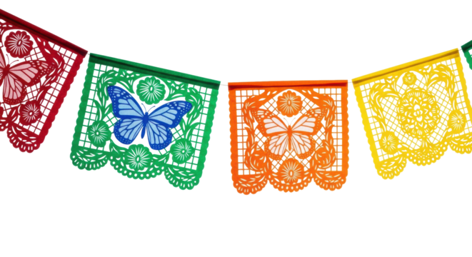 photorealistic macro of traditional mexican papel picado banners with monarch butterfly and cempasúchil cutouts in vibrant colors, isolated on pure white. concept of cultural reverence - Powered by Adobe