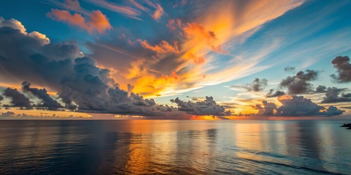Vibrant sunset over calm ocean with dramatic clouds reflecting in water