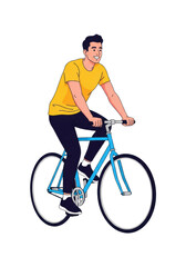 Obraz premium Young man in yellow t-shirt riding a stylized blue commuter bicycle, vector flat illustration, isolated on stark white background, bold saturated colors, concept of active and healthy lifestyle