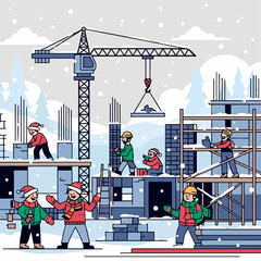 Construction workers in Santa hats building a new development during a snowy winter holiday season.