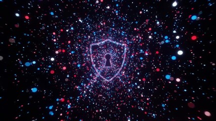 Glowing multicolor cyber security shield with keyhole made of digital particles and neon light trails representing futuristic data protection - Powered by Adobe