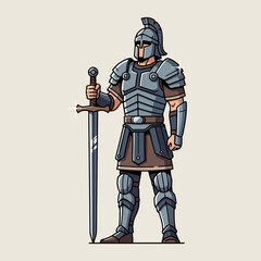 Obraz premium A cartoon illustration of a powerful warrior in full metal armor holding a large sword.