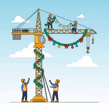 Construction workers decorating a large yellow tower crane with Christmas garlands and lights for the holidays.