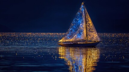 A small boat is floating on a lake at night. The boat is lit up with lights, creating a serene and peaceful atmosphere. The reflection of the boat in the water adds to the overall sense of calmness