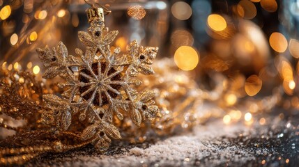 A gold snowflake ornament sits on a table with a snowy background. The ornament is surrounded by other ornaments, creating a festive and cozy atmosphere