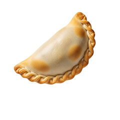 Golden baked empanada with crimped edge on warm background