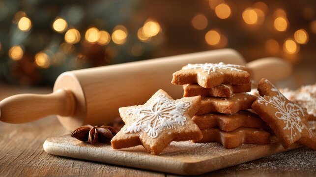 A wooden rolling pin sits on a wooden cutting board with a pile of cookies on top of it. The cookies are decorated with white icing and snowflakes, giving the impression of a festive holiday scene - Powered by Adobe