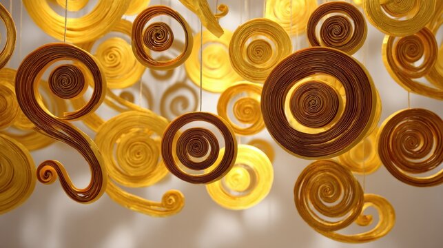 A series of gold-colored circles hanging from the ceiling, creating a sense of movement and energy. The circles are arranged in a way that suggests a spiral or wave-like pattern