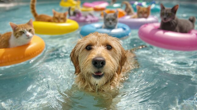 A dog is in a pool with several cats in floating toys. Scene is playful and lighthearted - Powered by Adobe