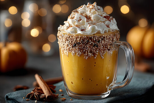 Tasty pumpkin latte with whipped cream, spices and fresh vegetables on black table against blurred lights, closeup