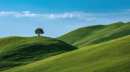 A lone tree stands in a grassy field with a clear blue sky above. Concept of tranquility and peace, as the tree stands alone in the vast expanse of green grass
