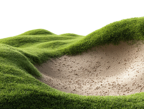 PNG of A lush green golf course bunker, showcasing vibrant grass and a sandy pit, perfect for golf enthusiasts.
