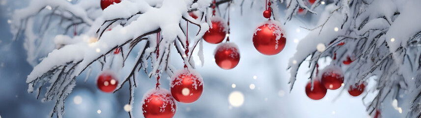 Winter tree branches covered with snow and hanging red balls and baubles with natural and snowflake abstract background.