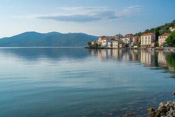 Tranquil Croatian Coastal Town Reflecting on Calm Waters with Distant Mountains and Clear Sky