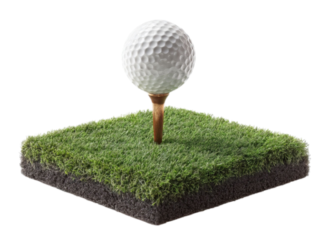 PNG of A close-up view of a golf ball on a tee, positioned on lush green grass, evoking a sense of anticipation in the game.