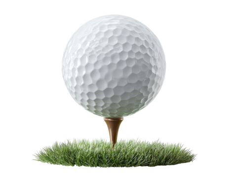 PNG of A close-up of a golf ball on a wooden tee, resting atop lush green grass.