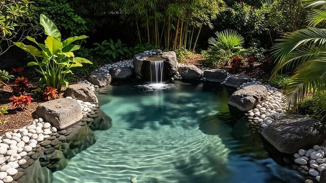 Tranquil Backyard Waterfall Feature Beautiful Garden Oasis Design Lush Tropical Plants Clear Water Pond Flowing Stream Rocks Bamboo Landscape