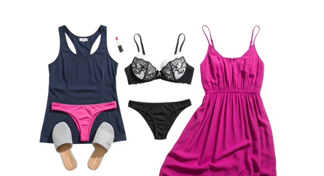 Versatile women's fashion collection flat lay with intimate lingerie, sleepwear, and a vibrant dress for any occasion