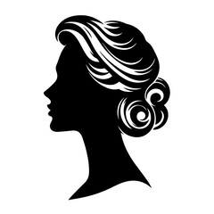 Black & white vector silhouette of vintage woman portrait retro style on white background