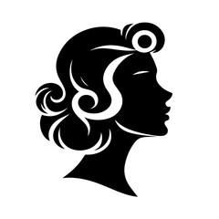 Black & white vector silhouette of vintage woman portrait retro style on white background