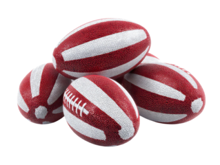 PNG of A stack of vibrant red and white rugby balls, showcasing their textured surface and traditional design.