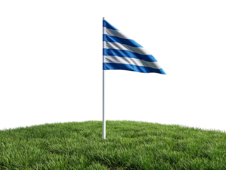 PNG of A blue and white striped flag waving gently on a grassy mound, symbolizing unity and tradition.