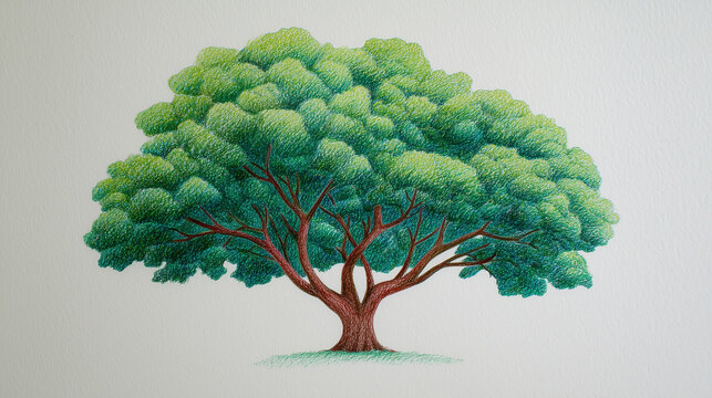 Simple colored-pencil drawing of a tree with a brown trunk and big green leaves - Powered by Adobe