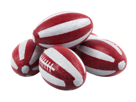 PNG of A stack of vibrant red and white rugby balls, showcasing their textured surface and traditional design.