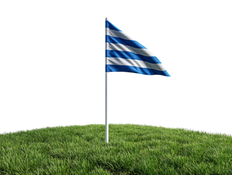PNG of A blue and white striped flag waving gently on a grassy mound, symbolizing unity and tradition.