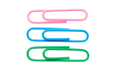 Three paper clips, one pink, one blue, and one green, are stacked vertically on top of each other in a row. no background
