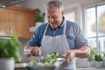 Senior man smiling as he mixes fresh green salad in a bowl in his bright home kitchen, enjoying healthy cooking, simple living and mindful food preparation for well being