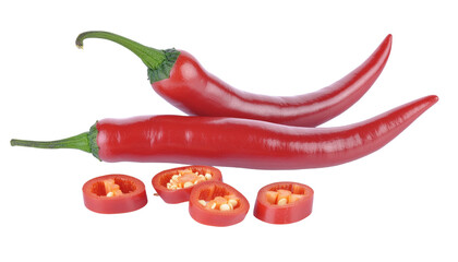 Two red chili peppers, one sliced into rings, showing seeds, with green stems, on a white surface. transparent background