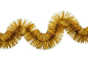 A dynamic serpentine curve of highly reflective metallic gold christmas tinsel, detailed macro close-up on a seamless white background with rim lighting. Concept for luxury holiday advertising