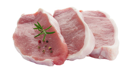 Three raw pork chops with a sprig of rosemary and peppercorns, showing fat marbling, on a white background. product shot isolated