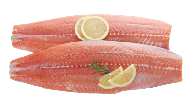 Two raw salmon fillets with lemon slices and a sprig of rosemary, presented on a white background, food photography cutout