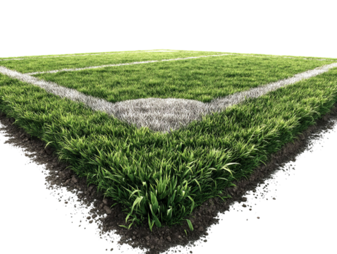 PNG of Lush green grass on a sports field corner, showcasing a vibrant, well-maintained playing surface.