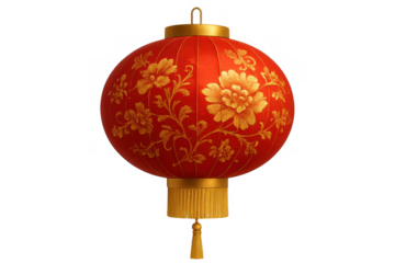 Chinese lantern decoration during lunar new year, red paper with gold floral pattern and tassel on transparent background