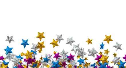 hundreds of dynamic, die-cut metallic foil stars (silver, gold, blue, magenta) showering downwards against a seamless white background with ample copy space. concept of festive celebration
