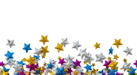 hundreds of dynamic, die-cut metallic foil stars (silver, gold, blue, magenta) showering downwards against a seamless white background with ample copy space. concept of festive celebration