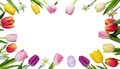 Colorful tulips, daffodil flowers and one decorated easter egg frame a white rectangle in the center of the image transparent background