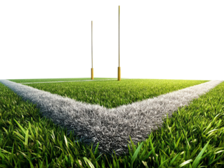 PNG of Close-up view of a rugby field with goal posts, featuring lush green grass and white chalk markings.