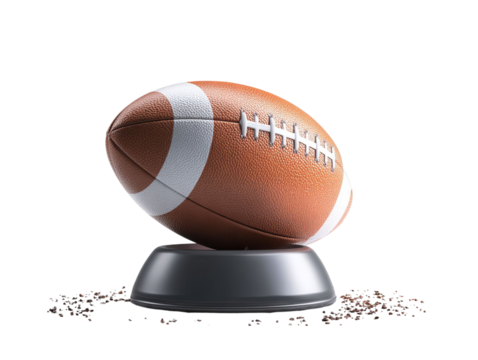 PNG of A close-up of a brown American football resting on a black stand against a white background.