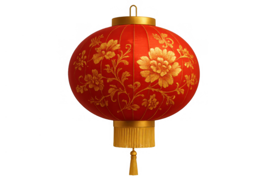 Chinese lantern decoration during lunar new year, red paper with gold floral pattern and tassel on transparent background