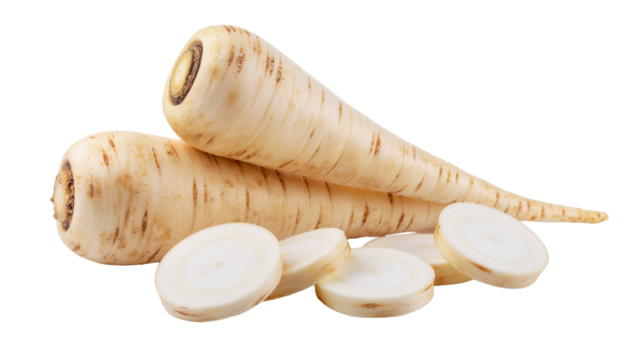 Two whole parsnips and a pile of sliced parsnips, all with a light beige color, arranged on a white background png with transparency