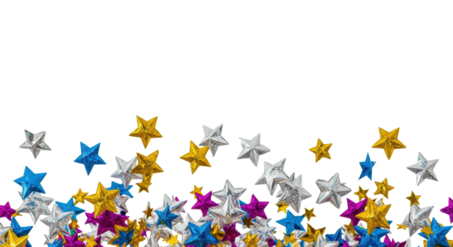 hundreds of dynamic, die-cut metallic foil stars (silver, gold, blue, magenta) showering downwards against a seamless white background with ample copy space. concept of festive celebration