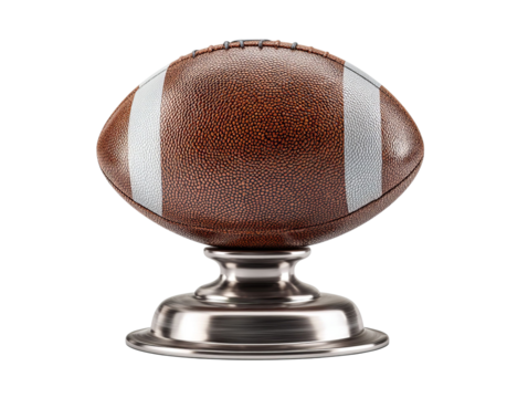 PNG of A classic brown football resting on a polished trophy base, symbolizing victory and sportsmanship. - Powered by Adobe